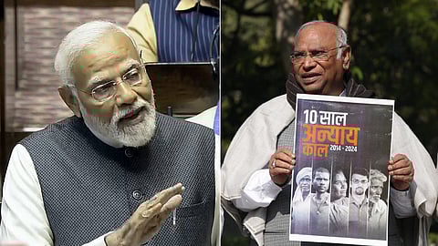 (L) PM Narendra Modi; (R) Congress President Mallikarjun Kharge.