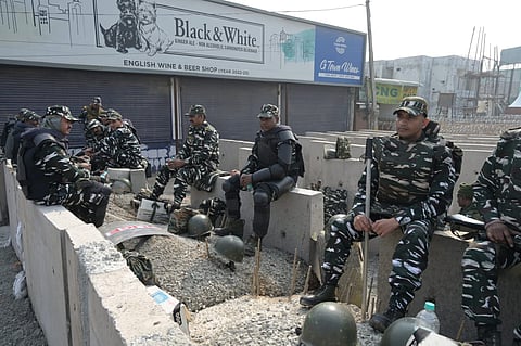 Security personnel on high alert amid the 'Delhi Chalo' protest march, at Singhu Border, in New Delhi, on Feb. 14, 2024.
