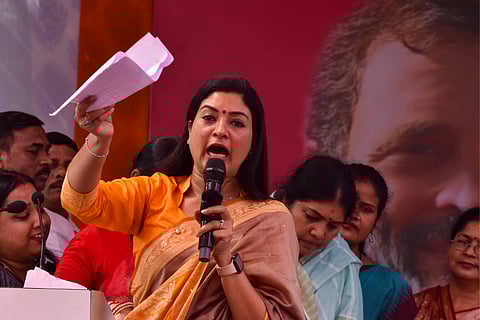 All India Mahila Congress president Alka Lamba lashes out on state and central government over crime against women, inflation, MSP at a public meeting at Congress Bhawan in Bhubaneswar on Wednesday