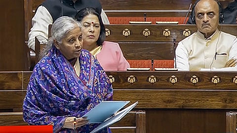 Union Finance Minister Nirmala Sitharaman speaks in the Rajya Sabha during the Budget session of Parliament, in New Delhi, Thursday, Feb. 8, 2024.
