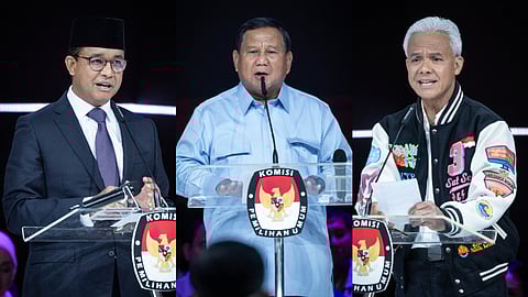 (L to R) A collage of Jakarta's former governor Anies Baswedan, Indonesia’s Defence Minister Prabowo Subianto, and Central Java's former governor Ganjar Pranowo from the last presidential election debate in Jakarta on February 4, 2024.