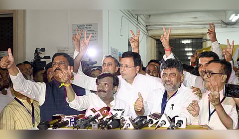 Congress’ newly elected Rajya Sabha members celebrate with DCM D K Shivakumar, AICC General Secretary Randeep Singh Surjewala at Vidhana Soudha in Bengaluru on Tuesday.