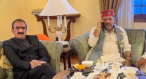 Himachal Pradesh Chief Minister Sukhvinder Singh Sukhu with Karnataka Deputy Chief Minister DK Shivakumar during a meeting, in Shimla, Wednesday, Feb. 28, 2024.