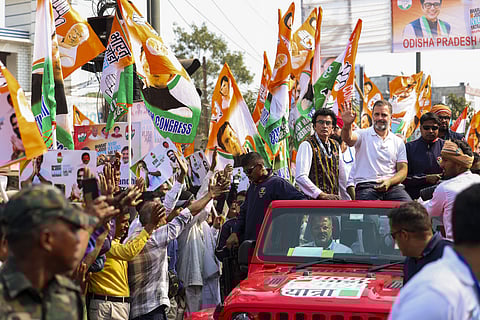 Congress leader Rahul Gandhi waves at supporters during the Bharat Jodo Nyay Yatra.