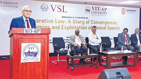 (Retd) Justice Ravindra Bhat, addressing the gathering in VIT-AP Univerity on Friday, Feb 16, 2024.