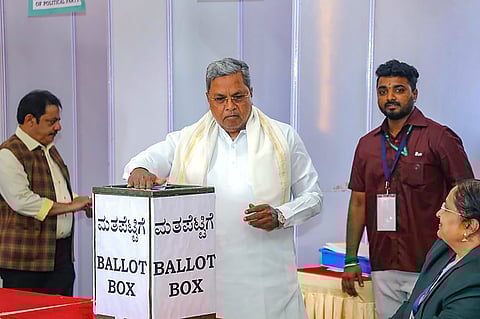 Karnataka Chief Minister Siddaramaiah casts his vote for the Rajya Sabha elections, in Bengaluru, Tuesday, Feb. 27, 2024.