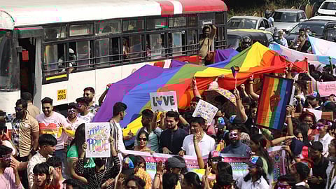Activists and LQBTQIA+ community members take part in the Queer Swabhimana Yatra in Hyderabad on Sunday.
