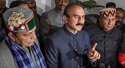 Himachal Pradesh Chief Minister Sukhvinder Singh Sukhu speaks with the media during the Budget session of the state Assembly, in Shimla, Wednesday, Feb. 28, 2024.