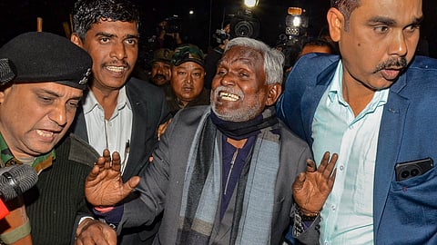 JMM leader Champai Soren comes out from Raj Bhavan after a meeting with Jharkhand Governor C.P. Radhakrishnan to stake claim to form the government in the state, in Ranchi.