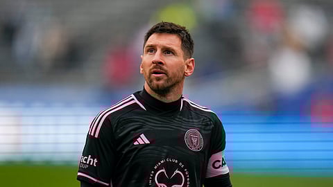 Inter Miami's Lionel Messi looks on during the first half of a preseason friendly MLS soccer match against FC Dallas Monday, Jan. 22, 2024, at the Cotton Bowl in Dallas