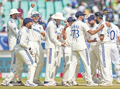 India players celebrate wicket of England opener Zak Crawley on Sunday, Feb 18, 2024.