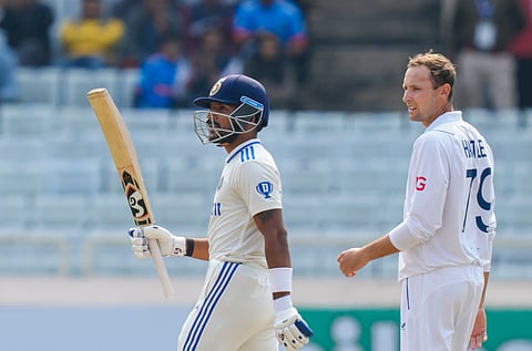 India's Dhruv Jurel celebrates scoring fifty on the third day of the fourth Test cricket match between India and England, in Ranchi, Sunday, Feb. 25, 2025.