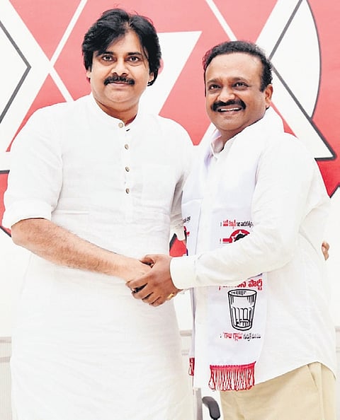 Jana Sena chief Pawan Kalyan welcomes Machilipatnam MP Vallabhaneni Balasouri into the party.