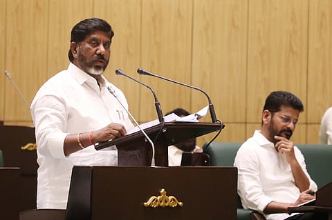 Telangana Deputy CM & Finance Minister Bhatti Vikramarka speaks during the budget session in the state legislative assembly in Hyderabad on Saturda