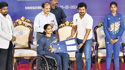 Sports Minister Udayanidhi Stalin honouring meritorious sportspersons with awards at a function held in Chennai on Friday