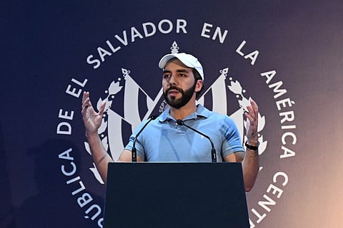 Salvadoran President Nayib Bukele delivers a speech after casting his vote in San Salvador on February 4, 2024.
