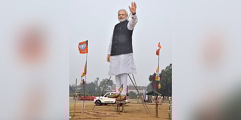 A huge cutout of PM Modi installed at the Remed ground ahead of his visit to Sambalpur
