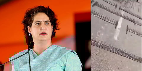 Congress leader Priyanka Gandhi Vadra (L). Nails laid on roads to stop farmers from marching into Delhi.