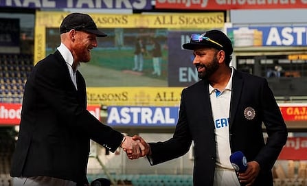 England skipper Ben Stokes shakes hands with his Indian counterpart Rohit Sharma after the toss in Ranchi.