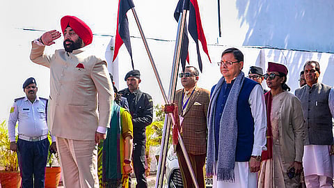 Uttarakhand Governor Lt. General Gurmit Singh (retd) and Chief Minister Pushkar Singh Dhami during the Budget session of the state Assembly, in Dehradun.