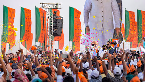 Prime Minister Narendra Modi at the closing ceremony of the BJP's 'En Mann Ek Makkal' padayatra, near Palladam in Tirupur.