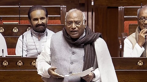 Congress MP Mallikarjun Kharge speaks in the Rajya Sabha during the Budget session of Parliament, in New Delhi, Thursday, Feb. 8, 2024.