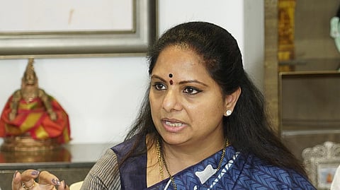 HYDERABAD - BRS MLC K Kavitha addressing media during a press conference at her residence in Hyderabad