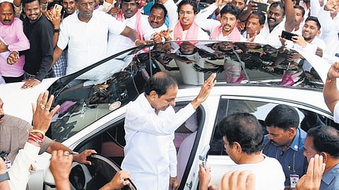 BRS chief and former chief minister K Chandrasekhar Rao arrives at the Telangana Bhavan to address party workers on Tuesday | Vinay Madapu