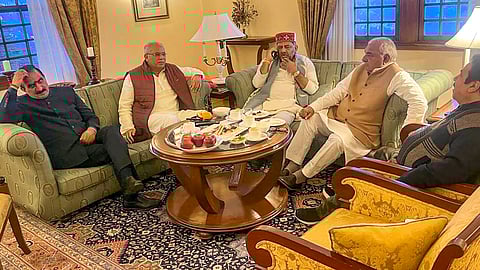 (From L to R)Â Himachal Pradesh Chief Minister Sukhvinder Singh Sukhu, ex-Chhattisgarh CM Bhupesh Baghel, Karnataka Dy CM DK Shivakumar, ex-Haryana CM Bhupinder Singh Hooda and Congress leader Rajeev Shukla during a meeting, in Shimla, Wednesday, Feb. 28, 2024.