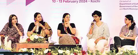 Artist Jolly Chirayath, film critic Indurama Vasudevan, director Asha Achy Joseph, and documentary directors Lourdes M Supriya and Gurleen Grewal at the open forum of the 5th Women’s International Film Festival in Kochi on Sunday.