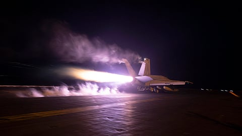 Image: An aircraft launches from USS Dwight D. Eisenhower (CVN 69) during flight operations in the Red Sea, on Jan. 22, 2024. The United States and Britain struck 36 Houthi sites in Yemen on Feb. 3, in a second wave of assaults meant to further disable Iran-backed groups in the region.
