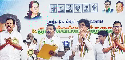 New TNCC president Selvaperunthagai assuming office at Sathyamoorthi Bhavan in Chennai on Wednesday