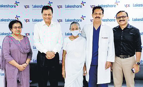 Devakiamma with Dr Jay Susan Jacob, S K Abdulla, managing director of VPS Lakeshore Hospital, Dr Shawn T Joseph and Dr Roy J Mukkada.