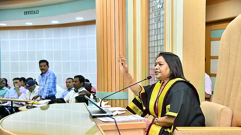 Mayor Gadwal Vijayalaxmi speaks during the council meeting in Hyderabad on Monday, Feb 19, 2024.