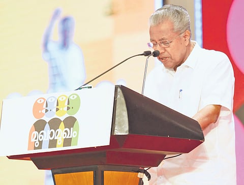 Chief Minister Pinarayi Vijayan addresses cultural personalities during the Mukhamukham programme held in Thrissur on Sunday.