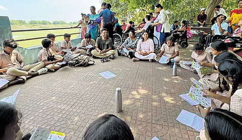 Class 8 students from the government’s Chennai Middle School in Gandhigramam at Vedanthangal Bird Sanctuary in Chengalpattu.