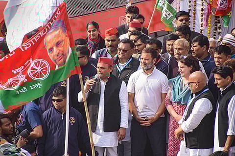 Congress MP Rahul Gandhi with party leader Priyanka Gandhi and Samajwadi Party chief Akhilesh Yadav (Photo | Express)