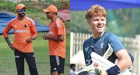 Ravindra Jadeja and Rahul Dravid (L); England's Ollie Pope (R) during a practice session.
