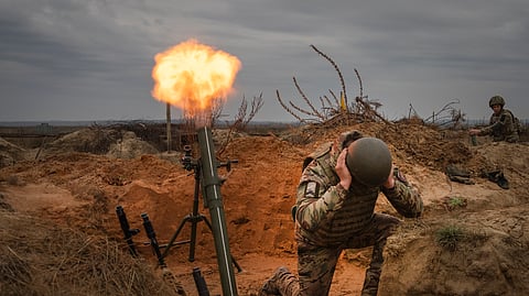 Soldiers of Ukraine's National Guard 1st Brigade hold combat training in northern Ukraine on Wednesday, Nov. 8, 2023.