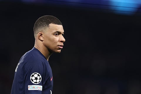 Paris Saint-Germain's Kylian Mbappe looks on at the end of the UEFA Champions League round of 16 first leg football match between PSG and Real Sociedad at the Parc des Princes Stadium in Paris, on February 14, 2024.