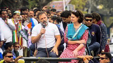 Congress MP Rahul Gandhi with sister and party leader Priyanka Vadra during the 'Bharat Jodo Nyay Yatra', in Aligarh on Sunday.