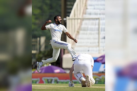 India's Akash Deep celebrates the wicket of England's Zak Crawley on the first day of the fourth Test cricket match between India and England in Ranchi, Friday, Feb. 23, 2024.