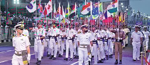 Naval contingents from around the world rehearsing for the MILAN 2024 harbour phase in Visakhapatnam on Tuesday | G Satyanarayana