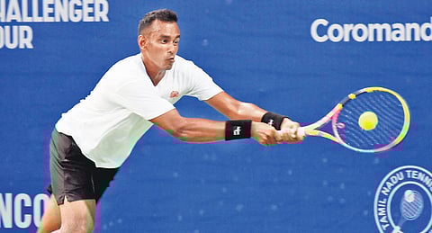 Mukund Sasikumar in action at Chennai Open on Thursday, Feb 8, 2024.