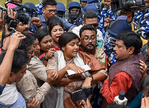 DYFI West Bengal State Secretary Meenakshi Mukherjee during a visit to Sandeshkhali, in North 24 Parganas district, Saturday, Feb. 24, 2024.