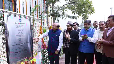 L-G VK Saxena inaugurating a DDA sports complex in Qutubgarh village.