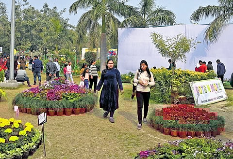 Visitors at flowers show in Indraprastha of east Delhi on Saturday.