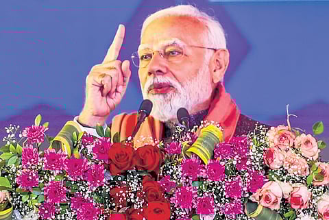 Prime Minister Narendra Modi speaks after inauguration of various development projects in Rewari district of Haryana on Friday.