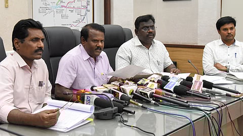 Tiruchy Divisional Railway Manager MS Anbalagan addressing media persons in Tiruchy, on Saturday