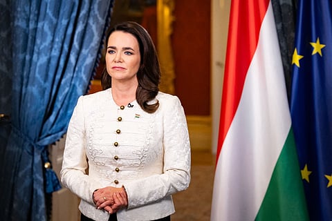 Hungary's President Katalin Novak as she announces her resignation in the presidential palace of Budapest on February 10, 2024.
